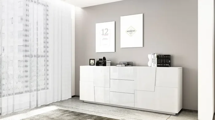 Credenza 4 Ante 3 Cassetti 220x44x86 cm Pongo 4A 3C Bianco Lucido - immagine 2