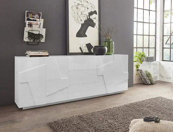 Credenza 4 Ante + 3 Cassetti 224,1×44,2×86 cm Ping Bianco Lucido - immagine 2