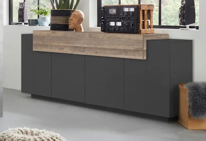 Credenza 5 Ante 200x45x86 cm Coro 4A Grigio Antracite Opaco/Rovere Wotan