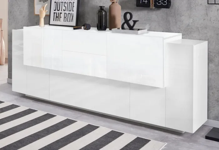 Credenza 5 Ante e 2 Cassetti 220x45x86 cm Coro Bianco Lucido/Bianco Sconti