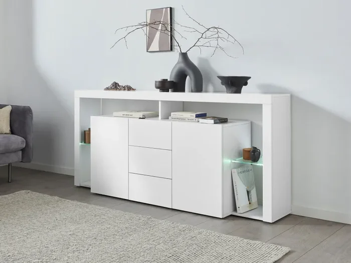 Credenza con 2 Ante 3 Cassetti e Ripiani in Vetro a Giorno 180x40x80 cm Essential 2A 3C Bianco Lucido Vendita calda online