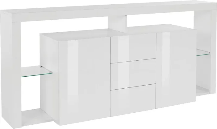 Credenza con 2 Ante 3 Cassetti e Ripiani in Vetro a Giorno 180x40x80 cm Essential 2A 3C Bianco Lucido Vendita calda online - immagine 2