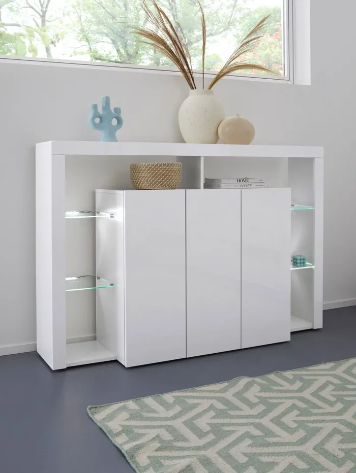 Credenza con 3 Ante e Ripiani in Vetro a Giorno 150x40x100 cm Essential 3A Bianco Lucido Vendita calda online