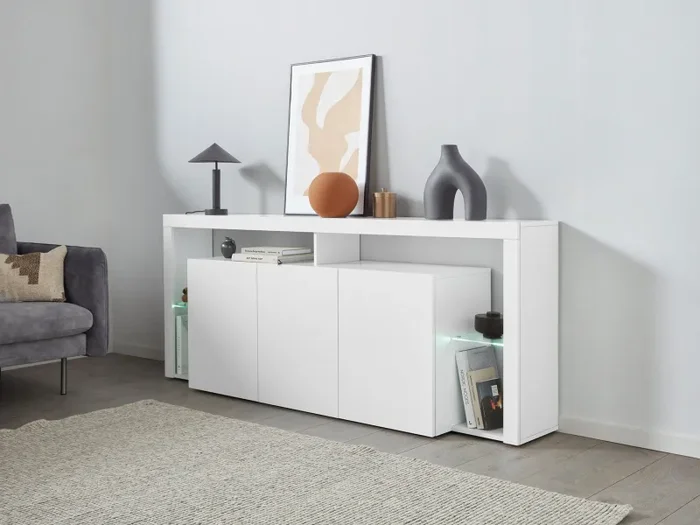 Credenza con 3 Ante e Ripiani in Vetro a Giorno 200x40x80 cm Essential 3A Bianco Lucido Sconti
