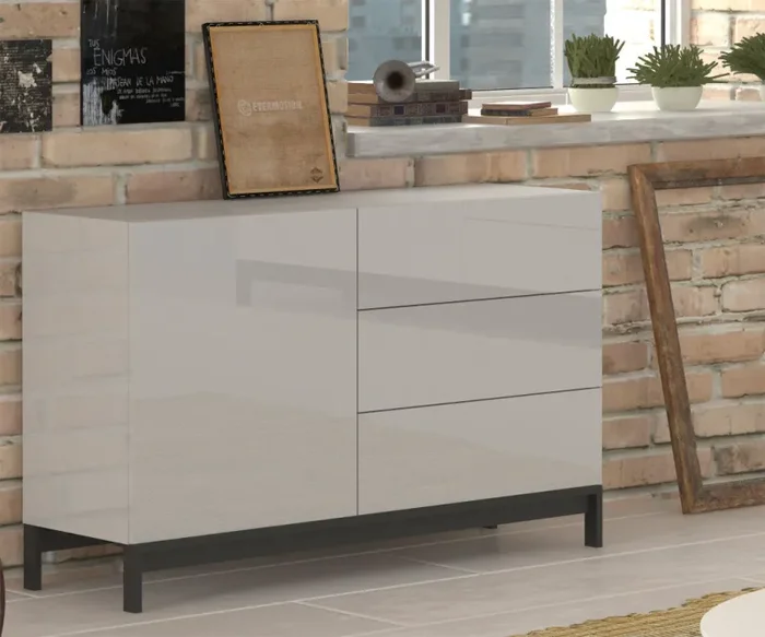 Credenza con piedi 1 Anta + 3 Cassetti 110x40x73 cm Metis Bianco Lucido