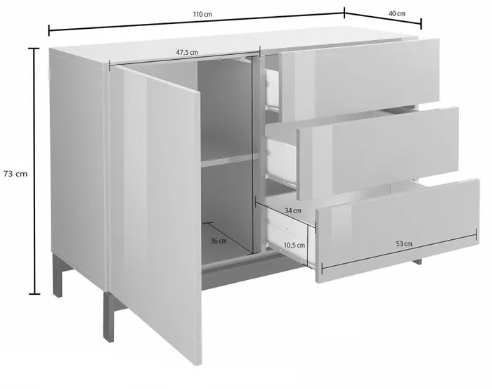 Credenza con piedi 1 Anta + 3 Cassetti 110x40x73 cm Metis Bianco Lucido - immagine 2