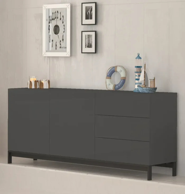 Credenza con piedi 2 Ante + 3 Cassetti 170x40x73 cm Metis Antracite Lucido - immagine 2
