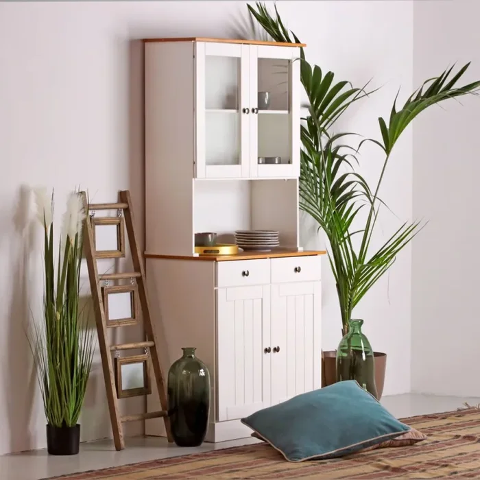 Credenza con vetrina 4 ante e 2 cassetti 88×197 cm 88x43x197 cm in legno bianco/noce - immagine 2