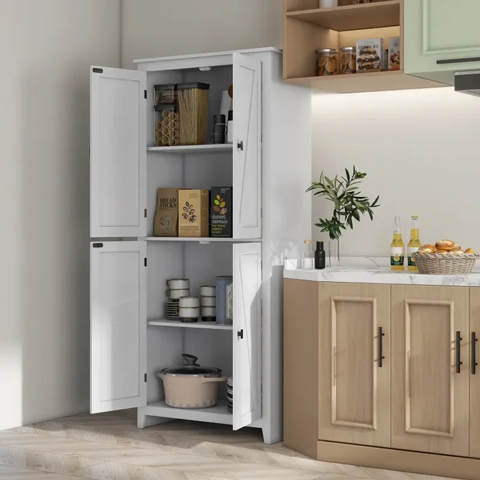 Credenza Mobile Alto Cucina 4 Ante Multiuso 80x40x182cm in Legno Bianco - immagine 2
