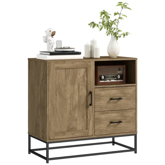 Credenza Mobile Basso Multiuso Armadietto Cassetti e Vani a Giorno 80x40x78 cm in Legno e Acciaio Marrone Sconti