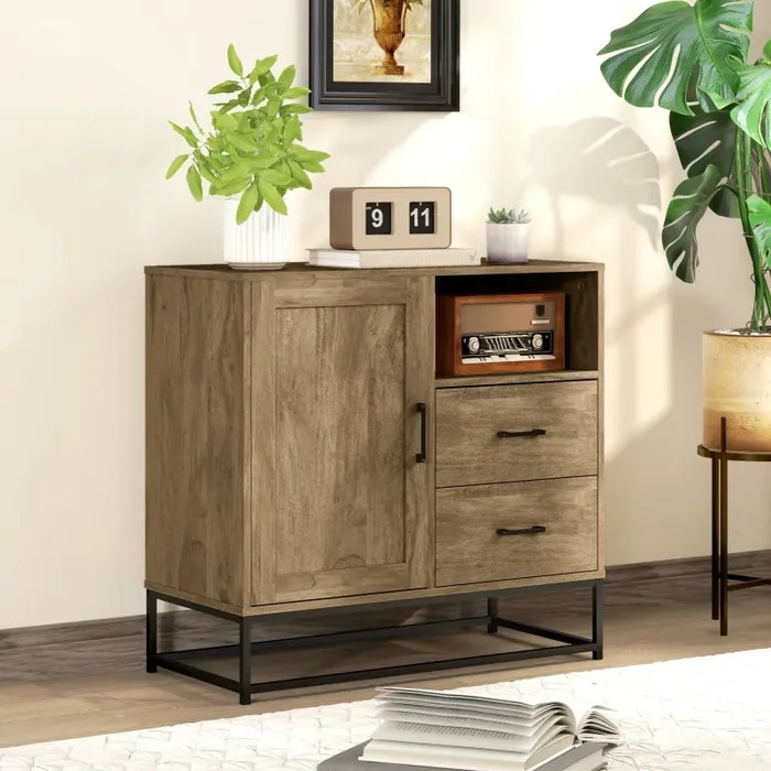 Credenza Mobile Basso Multiuso Armadietto Cassetti e Vani a Giorno 80x40x78 cm in Legno e Acciaio Marrone Sconti - immagine 2