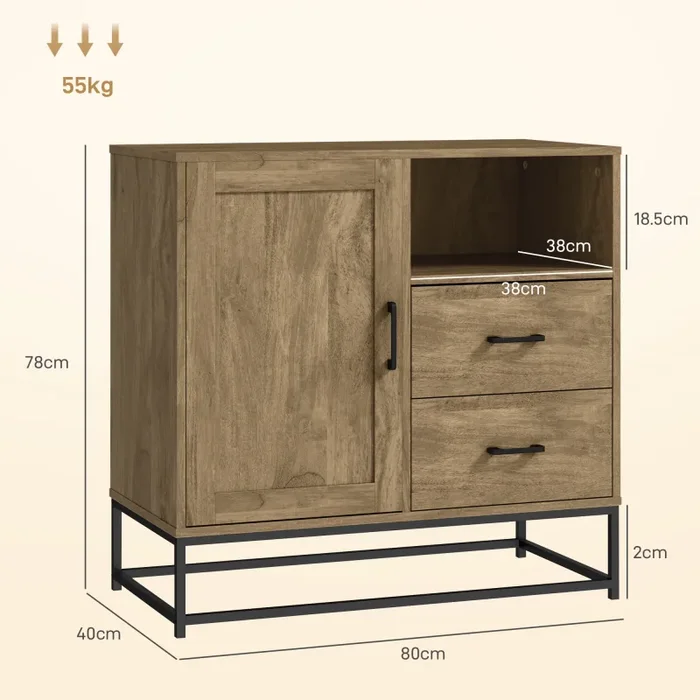 Credenza Mobile Basso Multiuso Armadietto Cassetti e Vani a Giorno 80x40x78 cm in Legno e Acciaio Marrone Sconti - immagine 3