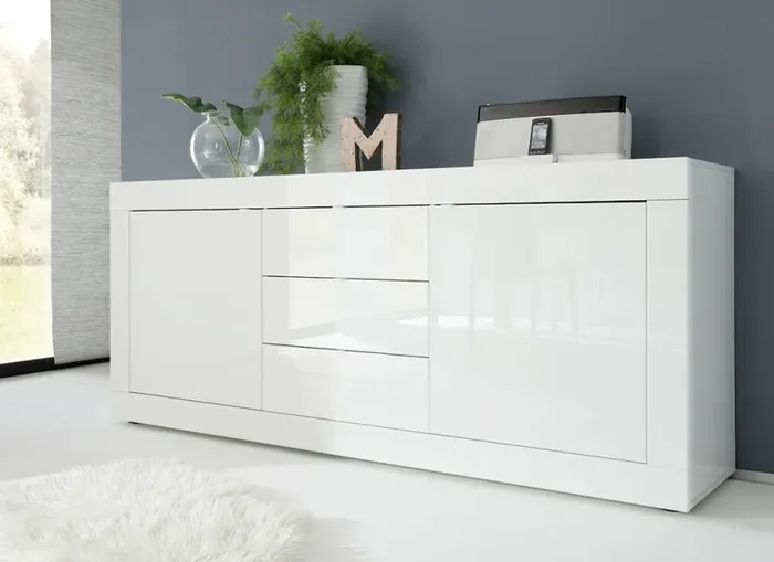Credenza Mobile da Salotto 2 Porte 3 Cassetti 210x43x86cm TFT Basic Bianco Lucido