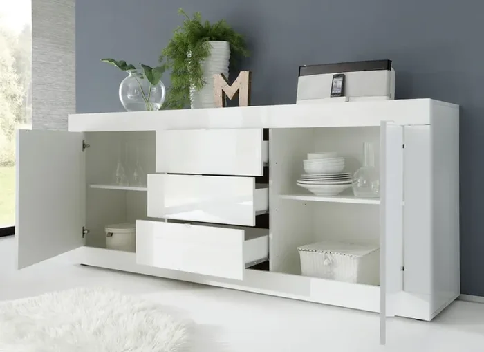 Credenza Mobile da Salotto 2 Porte 3 Cassetti 210x43x86cm TFT Basic Bianco Lucido - immagine 3