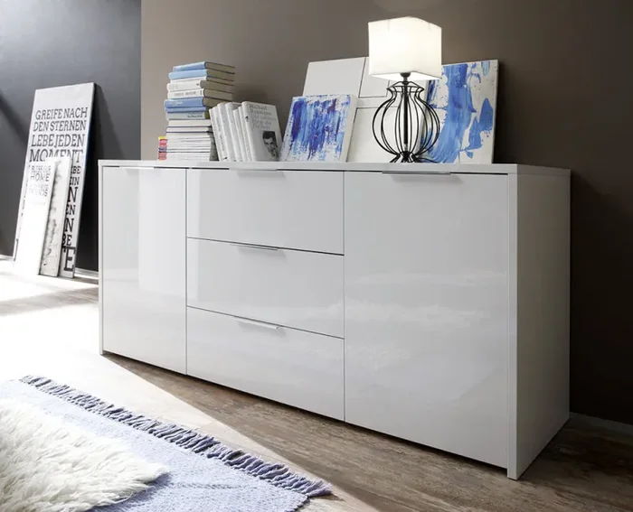 Credenza Mobile da Salotto 2 Porte 3 Cassetti 75x160x42cm TFT Sorren Bianco Lucido