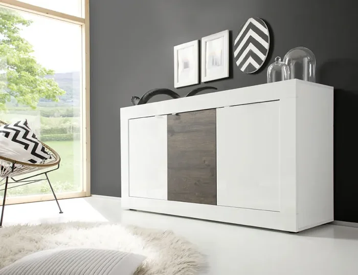 Credenza Mobile da Salotto 3 Porte 160x43x86cm TFT Basic Bianco Lucido Quercia Wengè