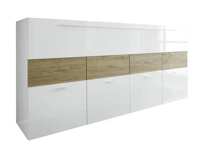 Credenza Mobile da Salotto 4 Porte 1 Anta a Ribalta 85x161x43cm TFT Cube Bianco Lucido e Miele