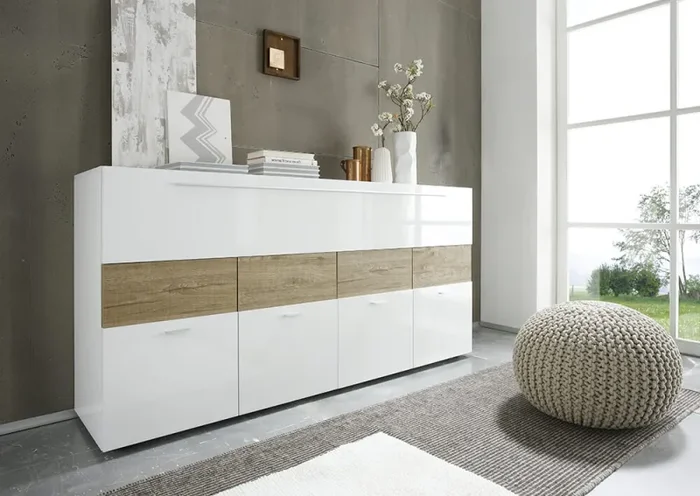 Credenza Mobile da Salotto 4 Porte 1 Anta a Ribalta 85x161x43cm TFT Cube Bianco Lucido e Miele - immagine 2