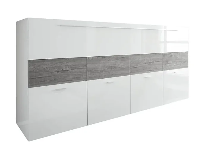 Credenza Mobile da Salotto 4 Porte 1 Anta a Ribalta 85x161x43cm TFT Cube Bianco Lucido e Quercia Grigio