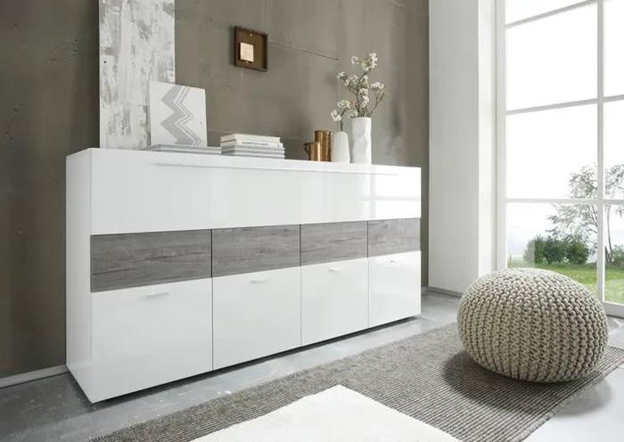 Credenza Mobile da Salotto 4 Porte 1 Anta a Ribalta 85x161x43cm TFT Cube Bianco Lucido e Quercia Grigio - immagine 2