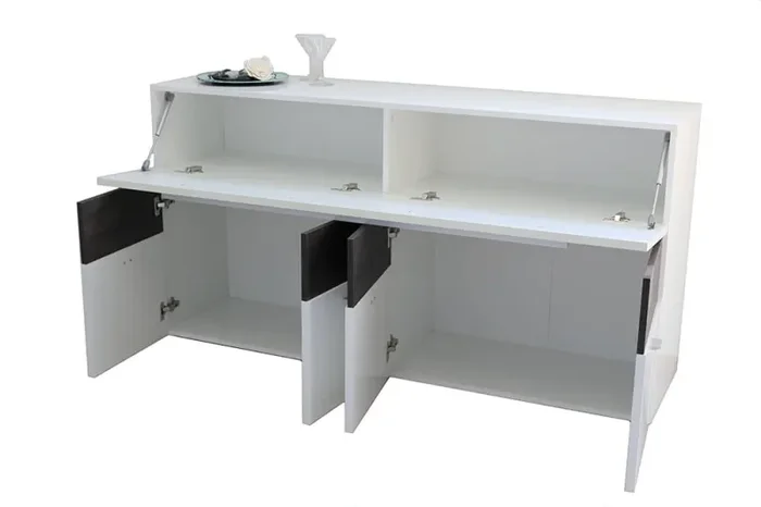Credenza Mobile da Salotto 4 Porte 1 Anta a Ribalta 85x161x43cm TFT Cube Bianco Lucido e Quercia Grigio - immagine 3
