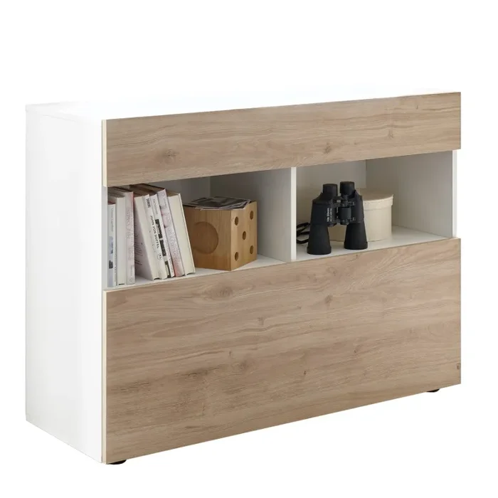 Credenza Mobile Soggiorno 1 Anta 2 Vani 111x42x82 cm TFT Akira Bianco e Naturale In saldo