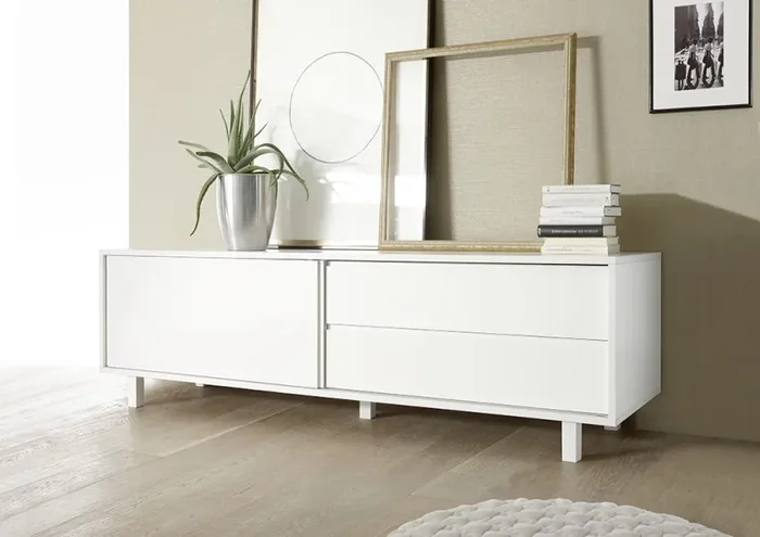 Credenza Mobile Soggiorno 2 Cassetti 1 Porta in Melamina 206x50x63cm TFT Aladdin Bianco