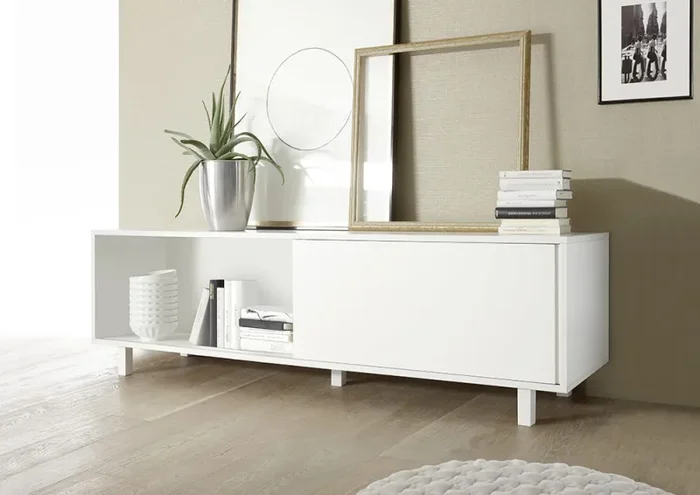 Credenza Mobile Soggiorno 2 Cassetti 1 Porta in Melamina 206x50x63cm TFT Aladdin Bianco - immagine 2