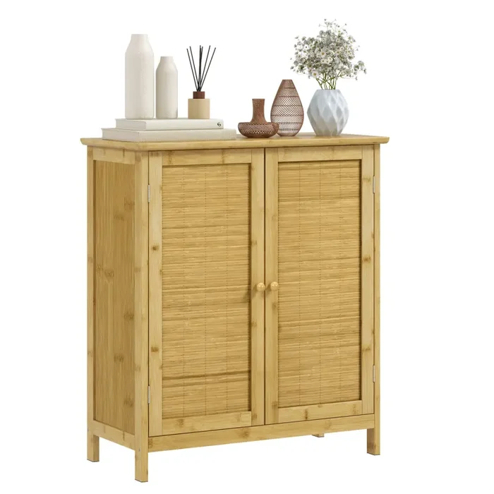 Credenza Mobile Soggiorno in Stile Boho 2 Ante in Rattan e Bambù 60x27x67,5 cm