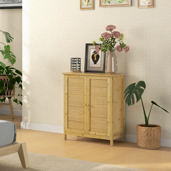 Credenza Mobile Soggiorno in Stile Boho 2 Ante in Rattan e Bambù 60x27x67,5 cm - immagine 2