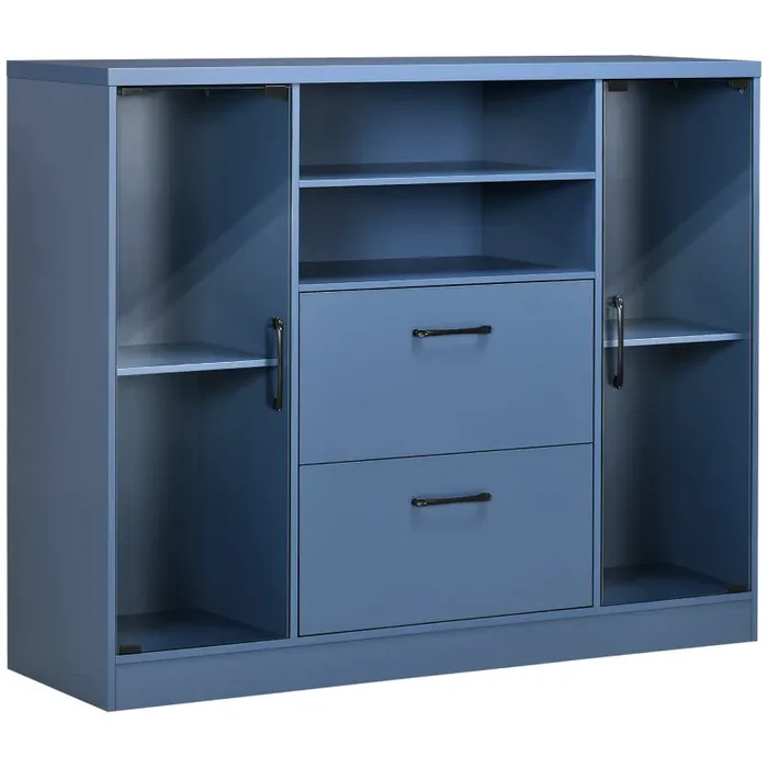 Credenza Moderna 140×39,5×110 cm Ante in Vetro Blu Scuro Vendita calda