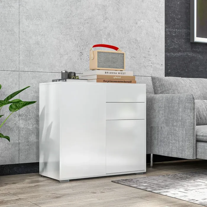 Credenza Moderna con 2 Armadietti e 2 Cassetti con Apertura a Pressione 79x36x74 cm Bianco Lucido - immagine 2