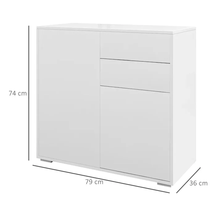Credenza Moderna con 2 Armadietti e 2 Cassetti con Apertura a Pressione 79x36x74 cm Bianco Lucido - immagine 3