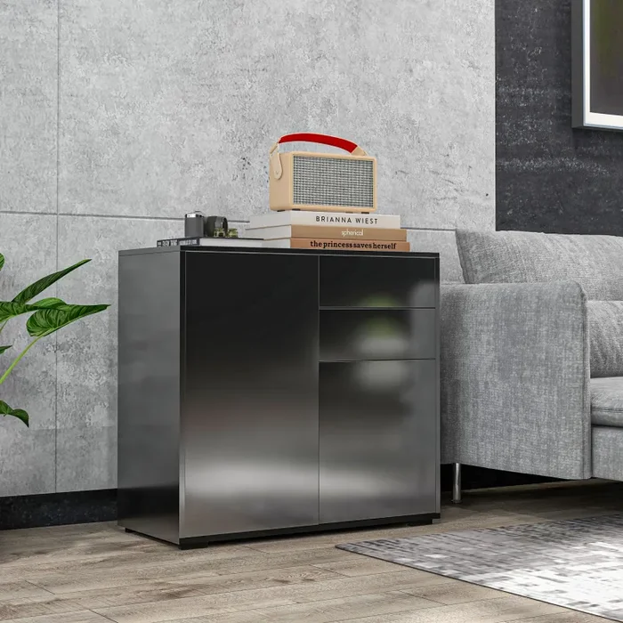 Credenza Moderna con 2 Armadietti e 2 Cassetti con Apertura a Pressione 79x36x74 cm Nero Lucido In saldo - immagine 2