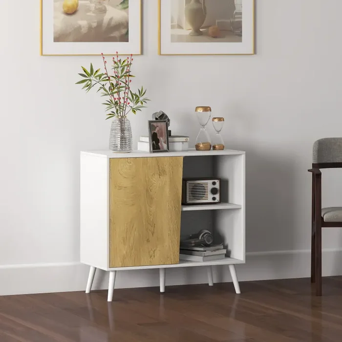 Credenza Moderna Mobile Basso 80x39x76 cm con Armadietto e Vani a Giorno in Legno Bianco - immagine 2