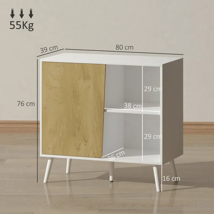 Credenza Moderna Mobile Basso 80x39x76 cm con Armadietto e Vani a Giorno in Legno Bianco - immagine 3