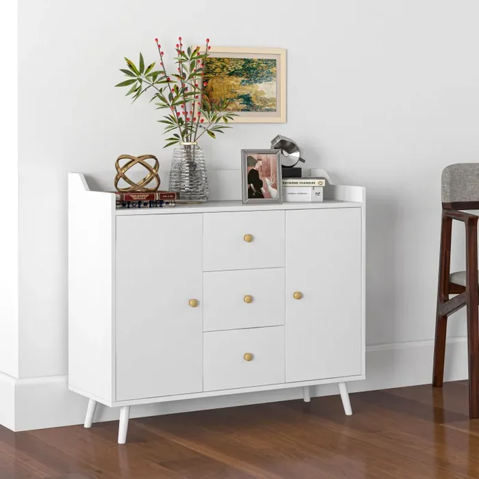 Credenza Moderna Mobile Basso 90x32x80 cm con 3 Cassetti e 2 Armadietti in Truciolato e Legno Bianco - immagine 2