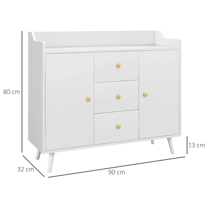 Credenza Moderna Mobile Basso 90x32x80 cm con 3 Cassetti e 2 Armadietti in Truciolato e Legno Bianco - immagine 3