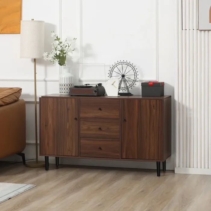 Credenza Moderna per Soggiorno 127x40x76 cm 2 Armadietti e 3 Cassetti in Truciolato e Legno Marrone - immagine 2