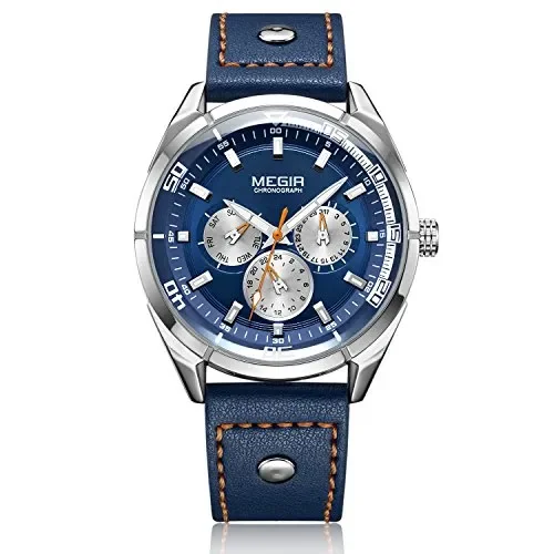 Cronografo Orologio in pelle blu, Orologi da uomo al quarzo Blu Vendita calda online