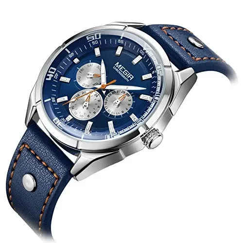 Cronografo Orologio in pelle blu, Orologi da uomo al quarzo Blu Vendita calda online - immagine 2