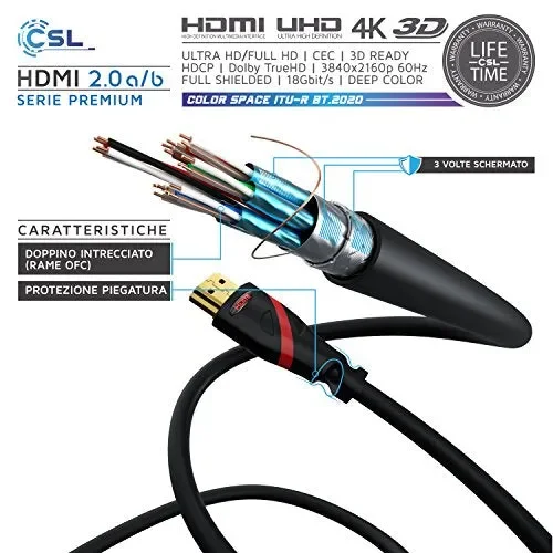 CSL – 10m Cavo HDMI 4k 60Hz HDR – 2.0 a b – 4K 3D UHD 1080p R Nero - immagine 3
