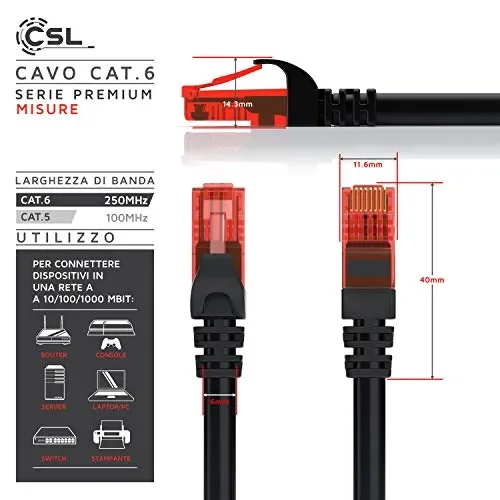 CSL – 3m Cavo di Rete – Cat.6 Ethernet Gigabit LAN RJ45-10 100 I 3,0m Nero - immagine 2