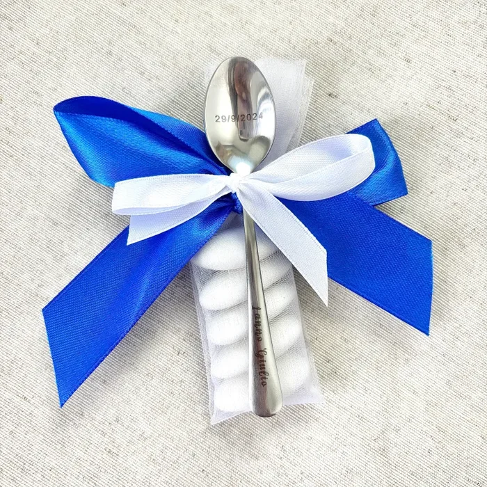 Cucchiaino personalizzato con nome inciso al laser in acciaio, Bomboniera Battesimo bimbo - immagine 3