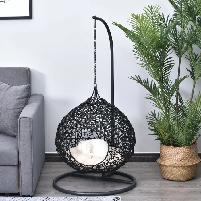 Cuccia Amaca in PVC Effetto Rattan per Gatti Ø60×110 cm con Cuscino Nera - immagine 2