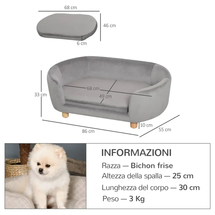 Cuccia Divano per Cani e Gatti Taglia Piccola 86x55x33 cm Grigio Chiaro - immagine 3