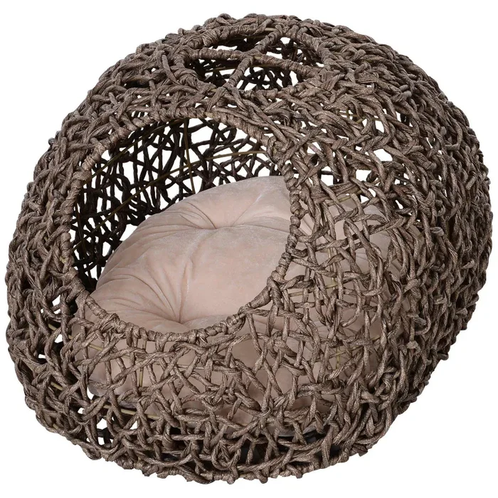 Cuccia in PVC Effetto Rattanper Gatti 66x48x39 cm con Cuscino Corda