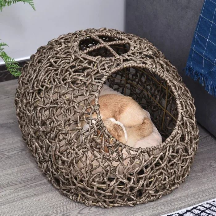 Cuccia in PVC Effetto Rattanper Gatti 66x48x39 cm con Cuscino Corda - immagine 2