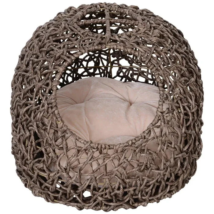 Cuccia in PVC Effetto Rattanper Gatti 66x48x39 cm con Cuscino Corda - immagine 3