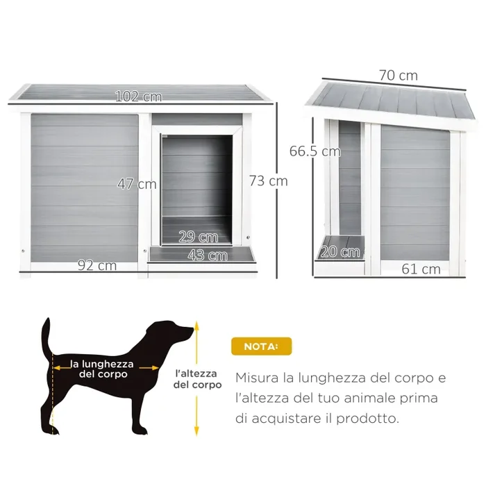 Cuccia per Cani da Esterno 102x70x73 cm in WPC Grigio, Bianco - immagine 3